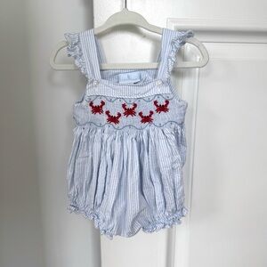 Little English Smocked Crab Blue Seersucker Baby Romper, Size 3-6 months